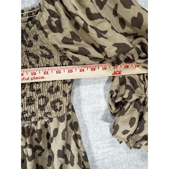 Caramela Smocked Leopard Long Sleeve Top Off Shoulder Women’s Medium Puff Sleeve - Picture 4 of 6